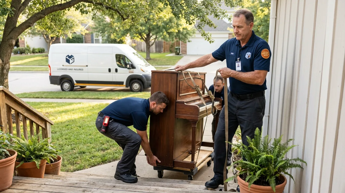 Licensed piano movers securing grand piano in Waialua, HI