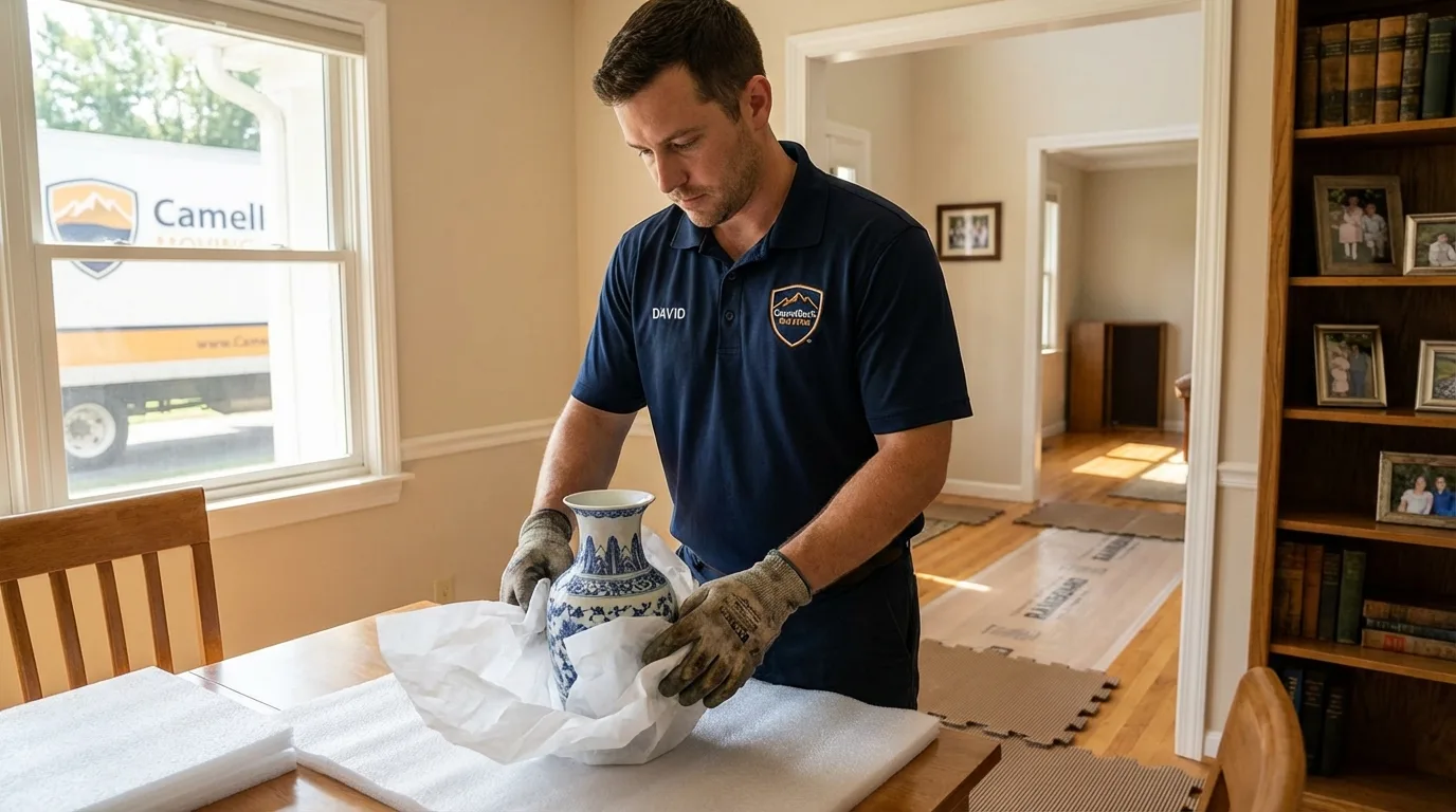 Professional crew carefully wrapping antique vase for senior downsizing move in Waialua, HI