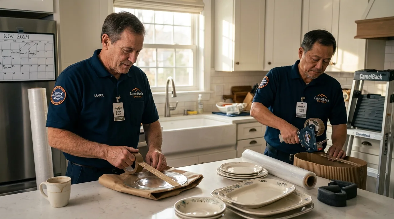 Professional crew packing kitchen dishware in Waialua, HI
